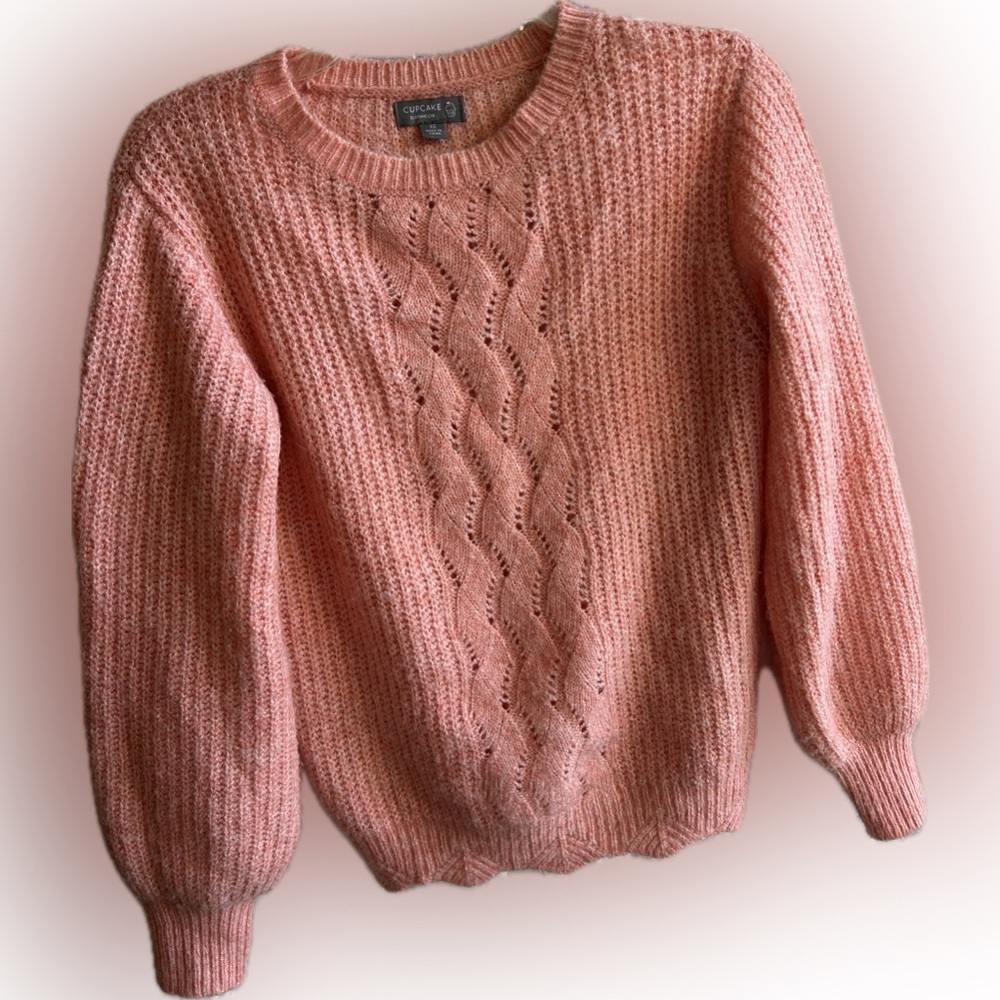 Cupcake light pink knit sweater with scalloped trim and ribbed cuffs